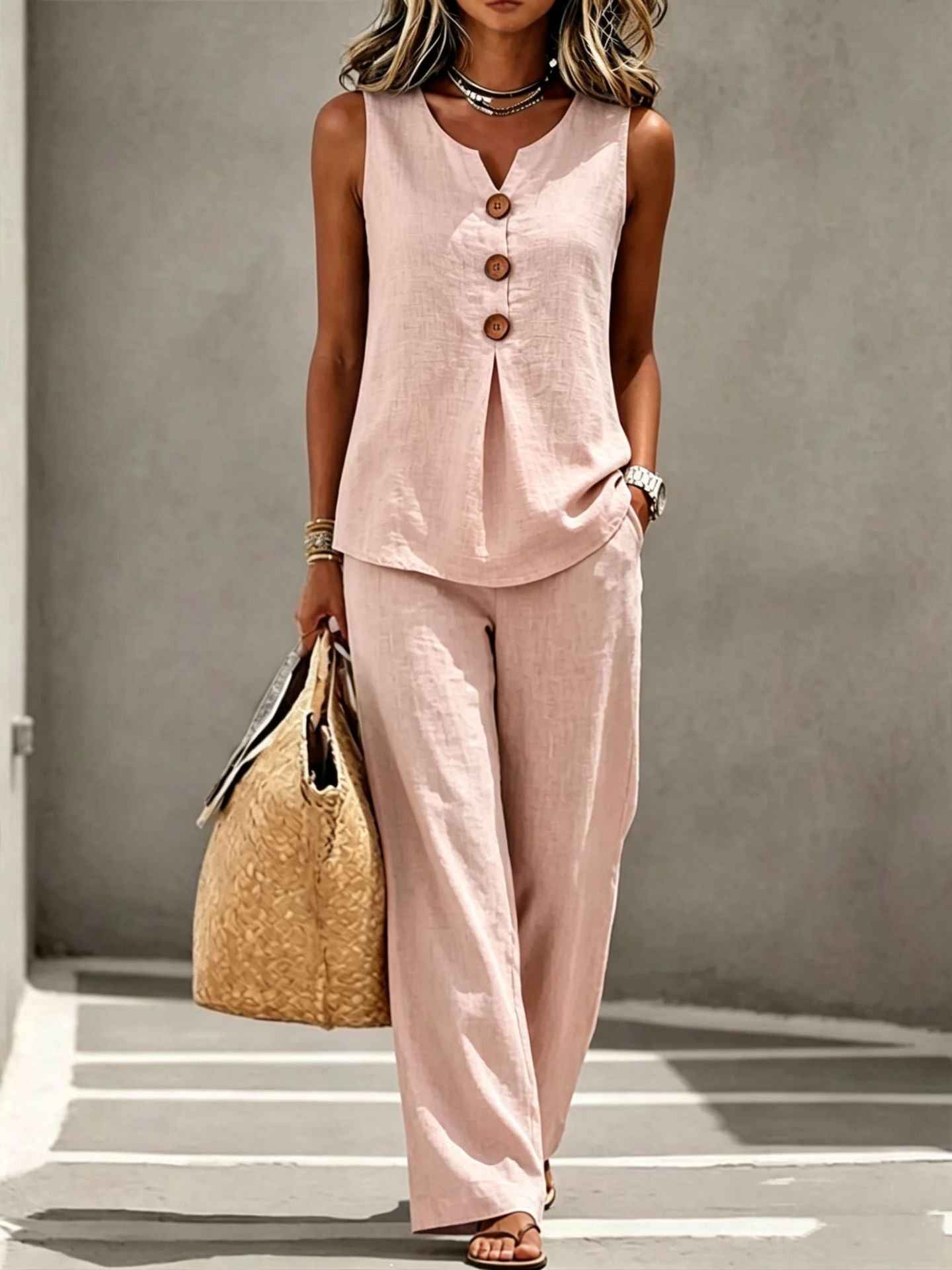 Womens V-neck Buttoned Sleeveless Vest Top Set Two-piece Outfit
