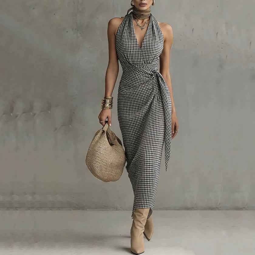 V-neck Plaid Sleeveless Maxi Dress