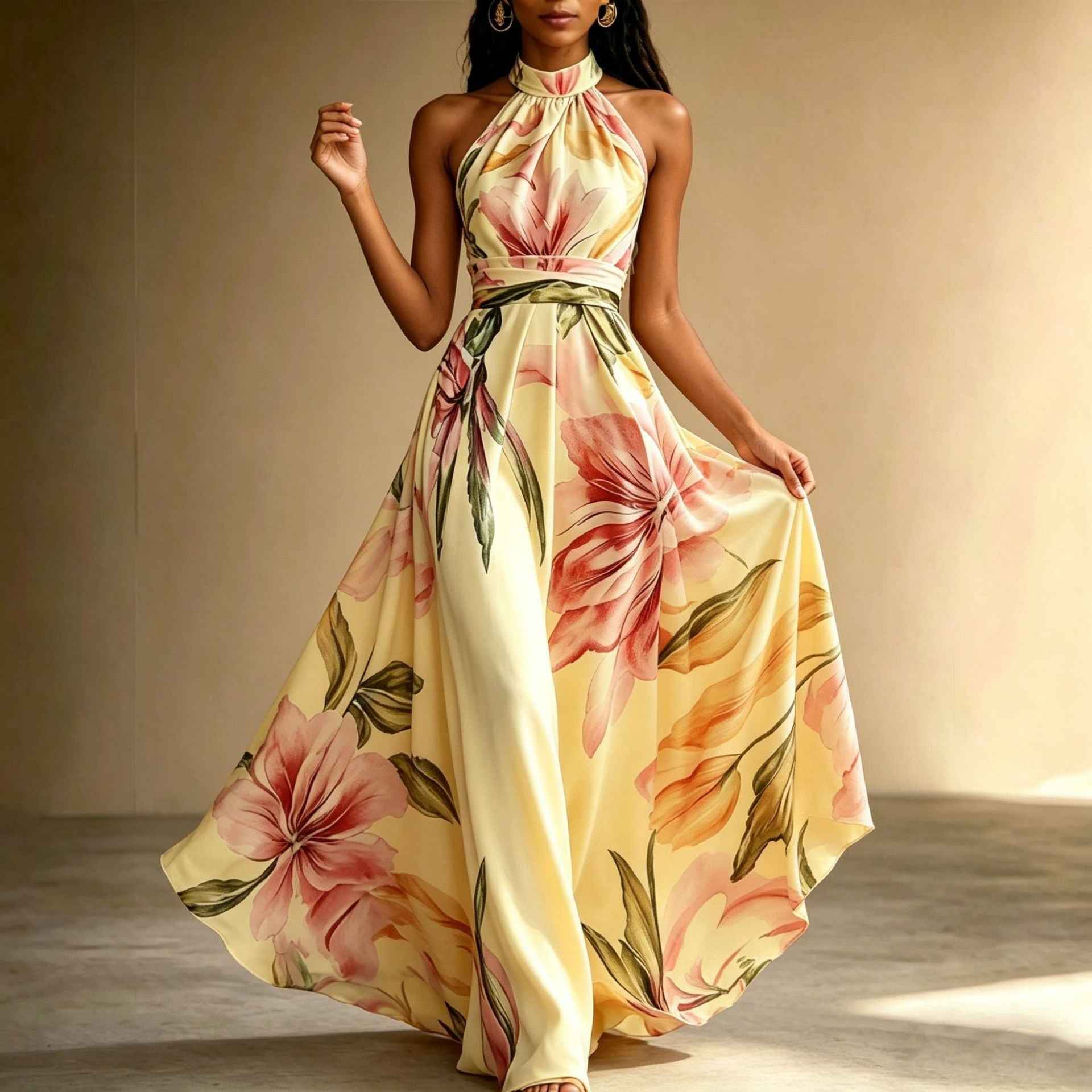 Sleeveless High-Waist Open-Back Floral Print Flared Hem Maxi Dress