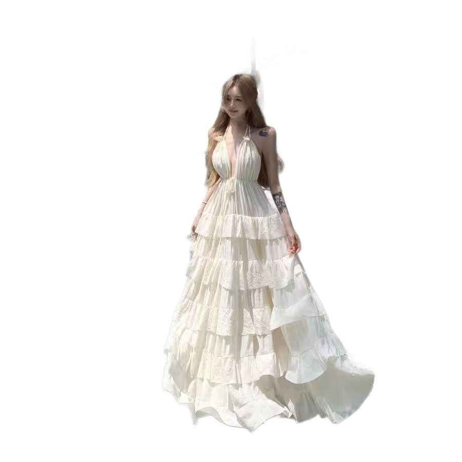 Thailand Beach Vacation Halter-Neck Lotus-Leaf Dress