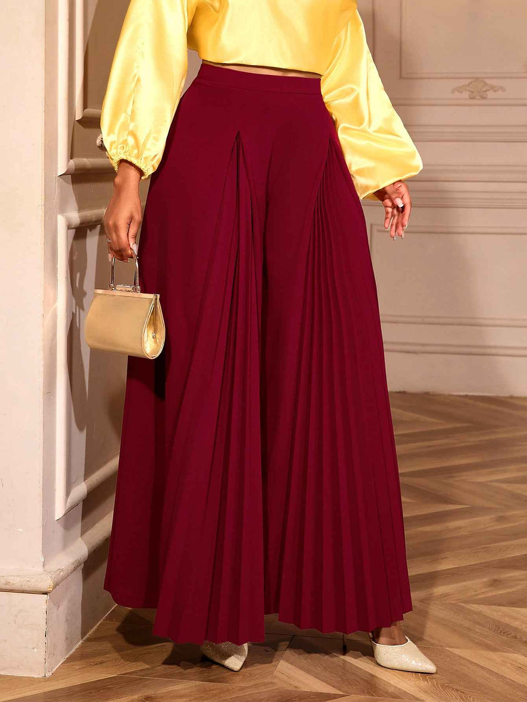 High Waist Dual Pleated Panel Wide Leg Floor Length Palazzo Pants