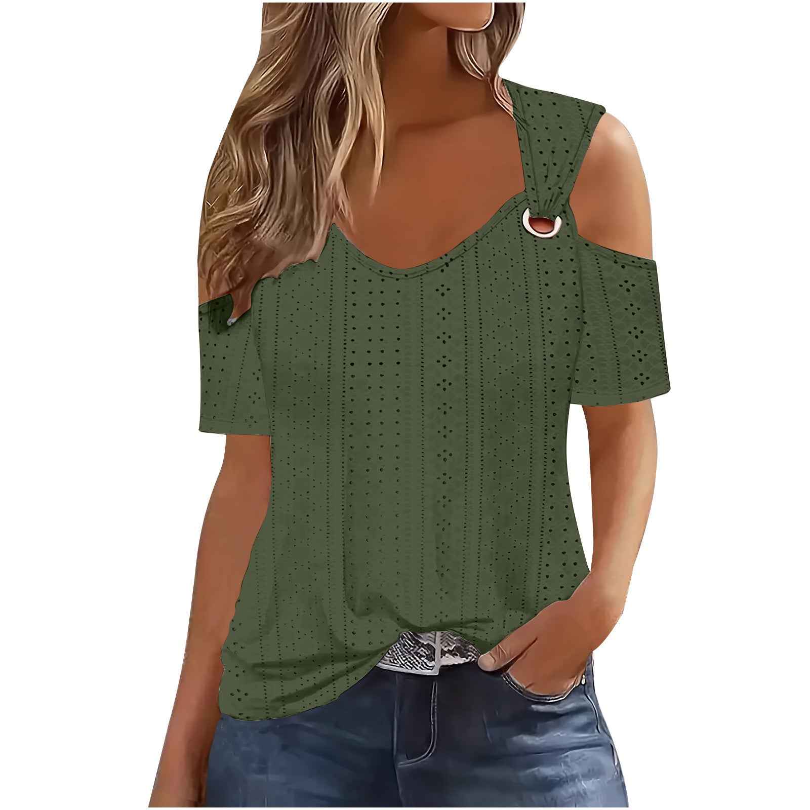 European And American-style Fitted Casual Short-sleeve Womens T-shirt With A Slit Neckline
