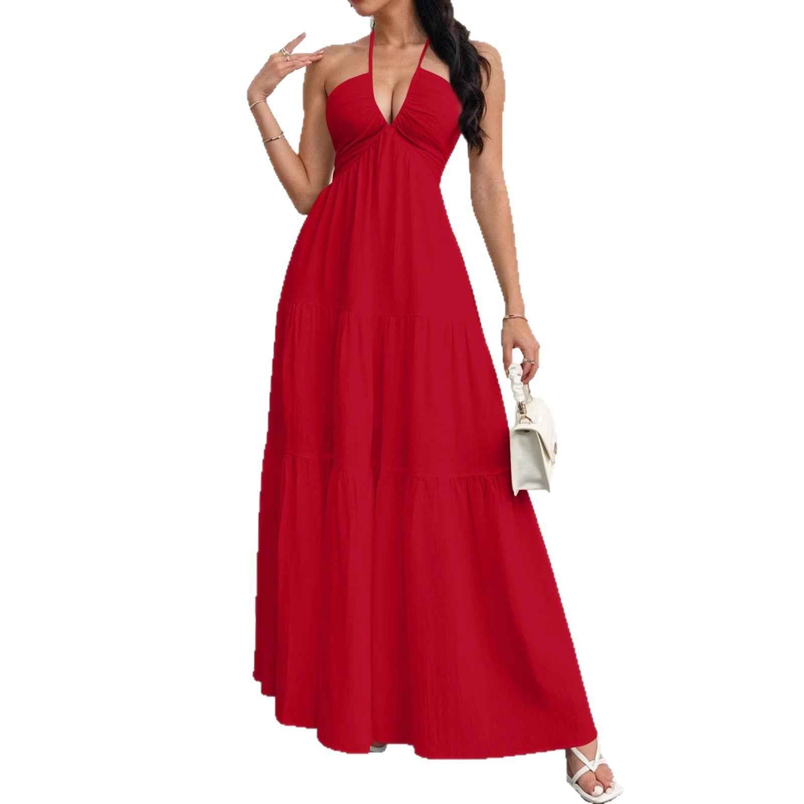 High-Waist V-Neck Patchwork Flared Hem Maxi Dress