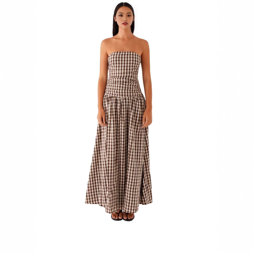 Strapless Pleated Patchwork Printed Dress