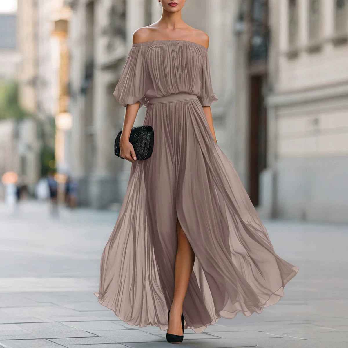 Off-Shoulder Pleated Chiffon Midi Dress — Short Sleeve Slim-Fit
