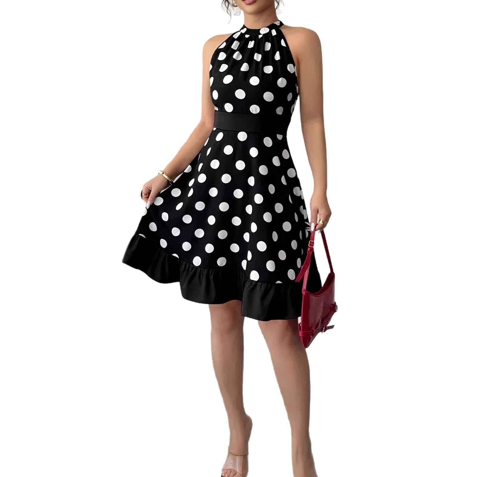 Polka-Dot Colour-Block A-Line Maxi Dress — Bow-Tie High-Waist