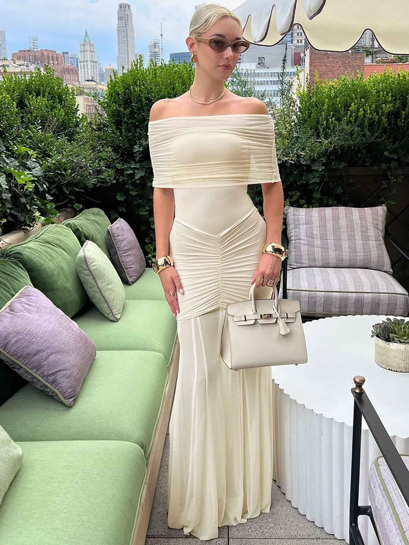 Off-Shoulder Ruched Mesh Dress – Sheer Panel Evening Dress for Women
