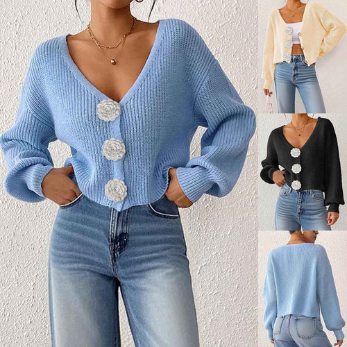 3D Floral Crochet Open-Front Cardigan – Cropped, Long Sleeve