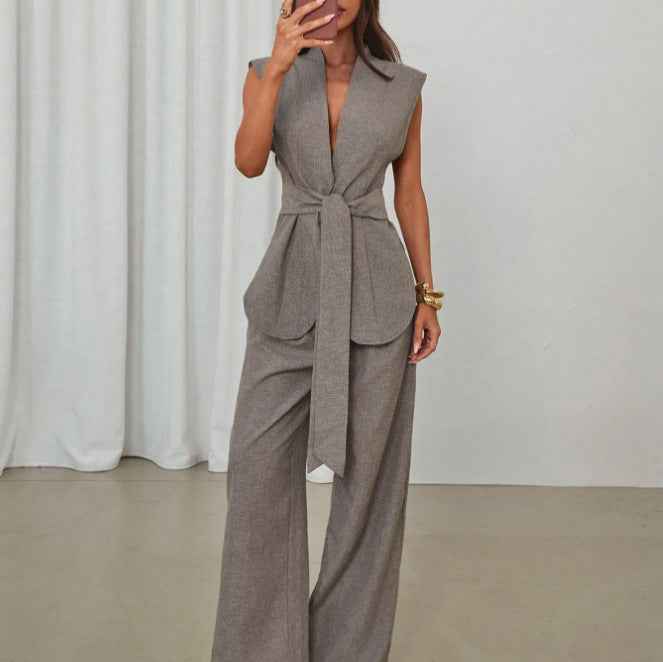 V-Neck Lace-Up Vest & Wide-Leg Pants – Women's Two-Piece Set
