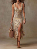 Strap Waist-cinching Pleated Midi Dress