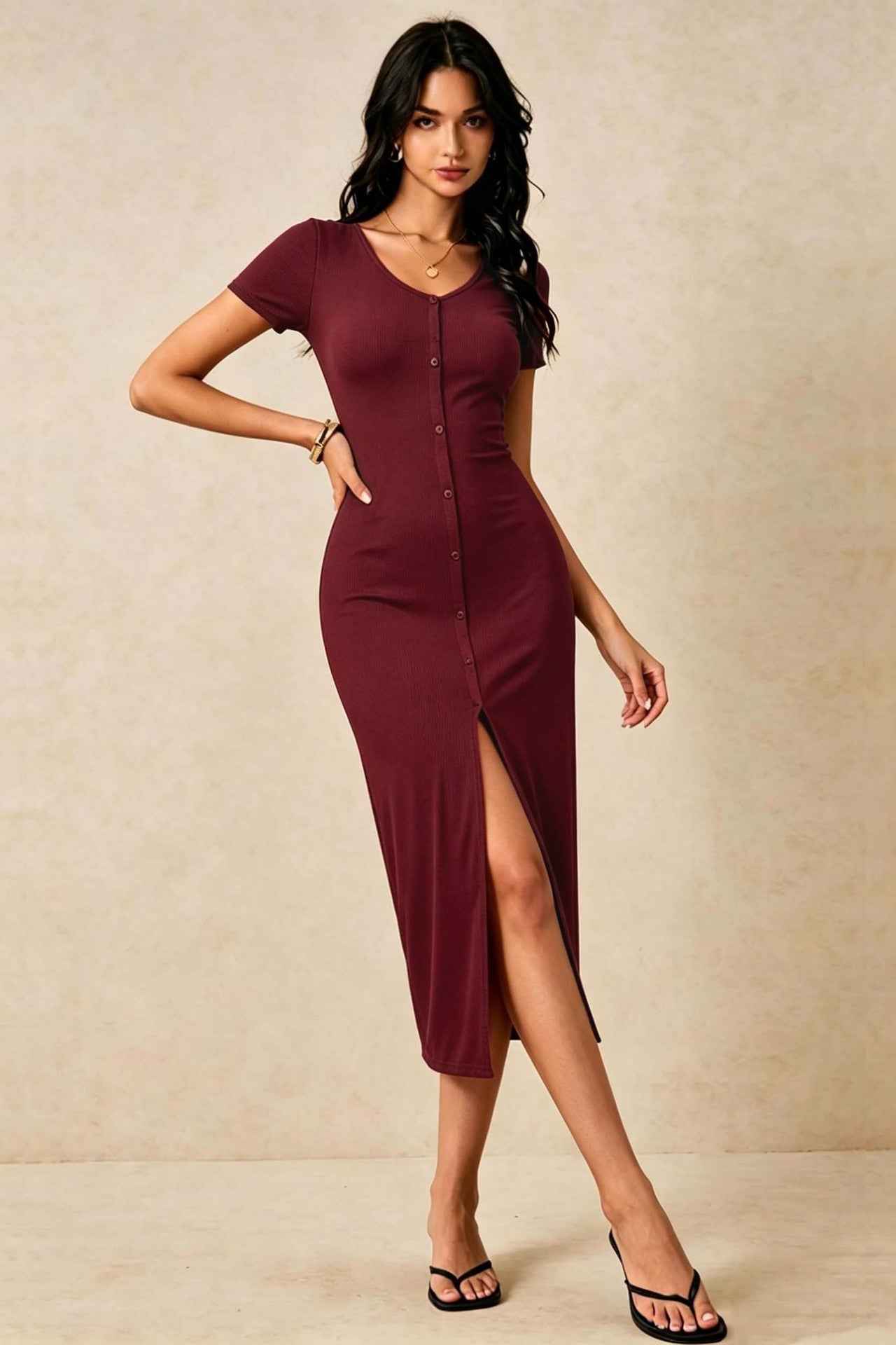 V-Neck Short-Sleeve Knit Midi Dress