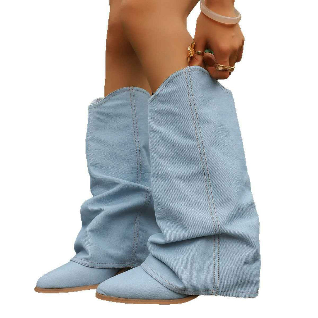 Chunky Heel Mid-Calf Boots — Pointed Toe, Light Blue
