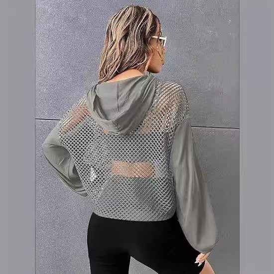 Mesh-Panel Casual Loose-Fit Sports Hoodie For Women