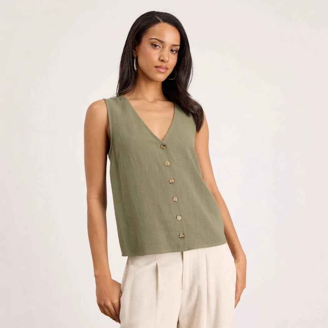 Solid-color Linen V-neck Sleeveless Button-up Top