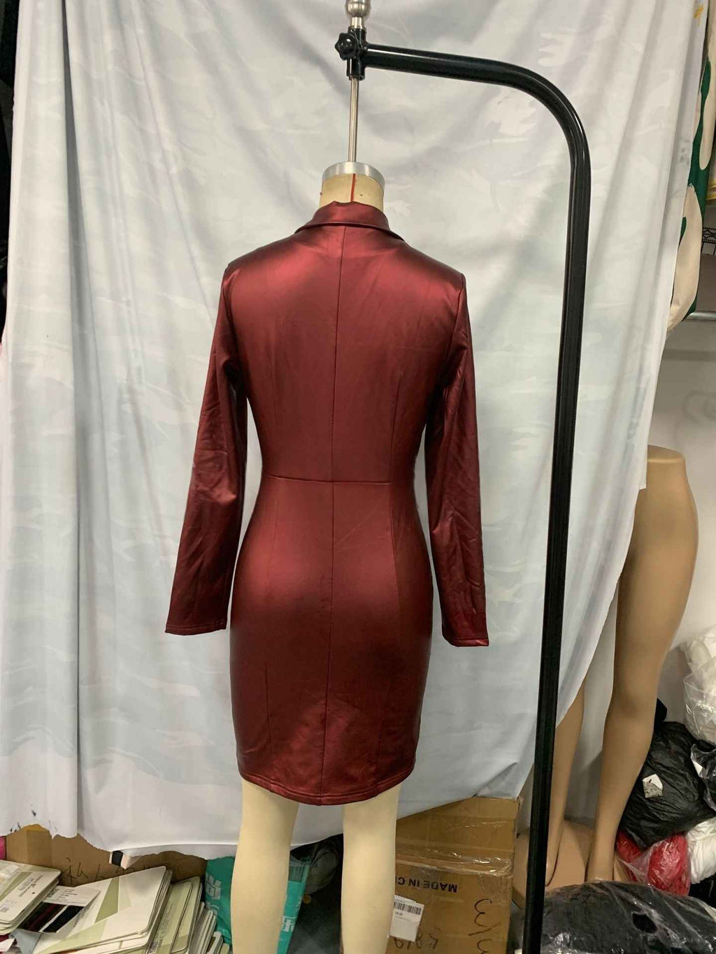 Womens Leather V-neck Slim-fit Dress