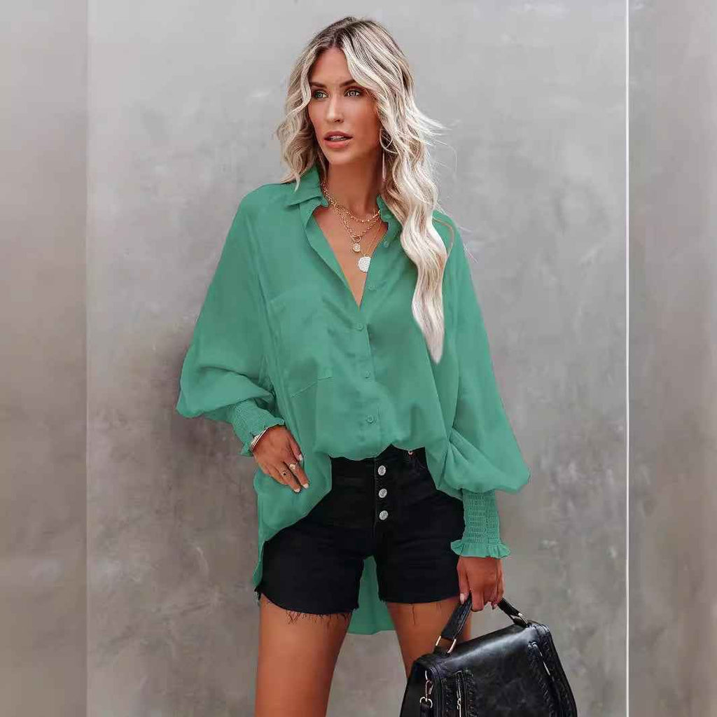 Printed Long-Sleeve Loose Blouse – Lapel Collar Mori Style