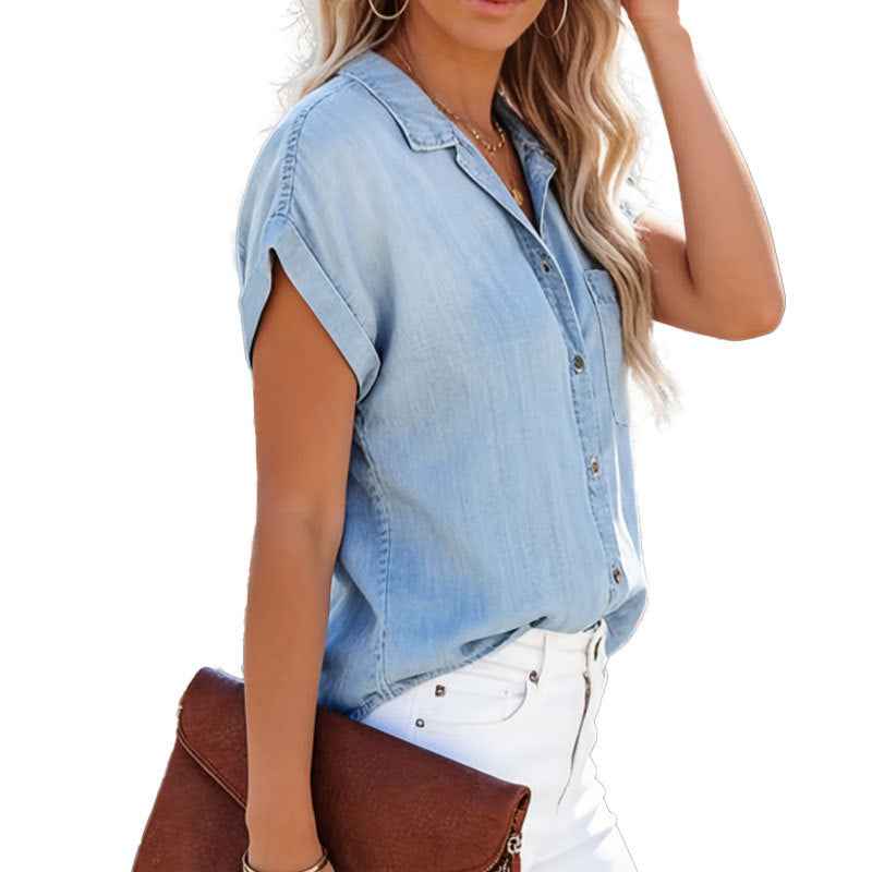 Blue Lapel Casual Short-sleeve Washed Denim Shirt