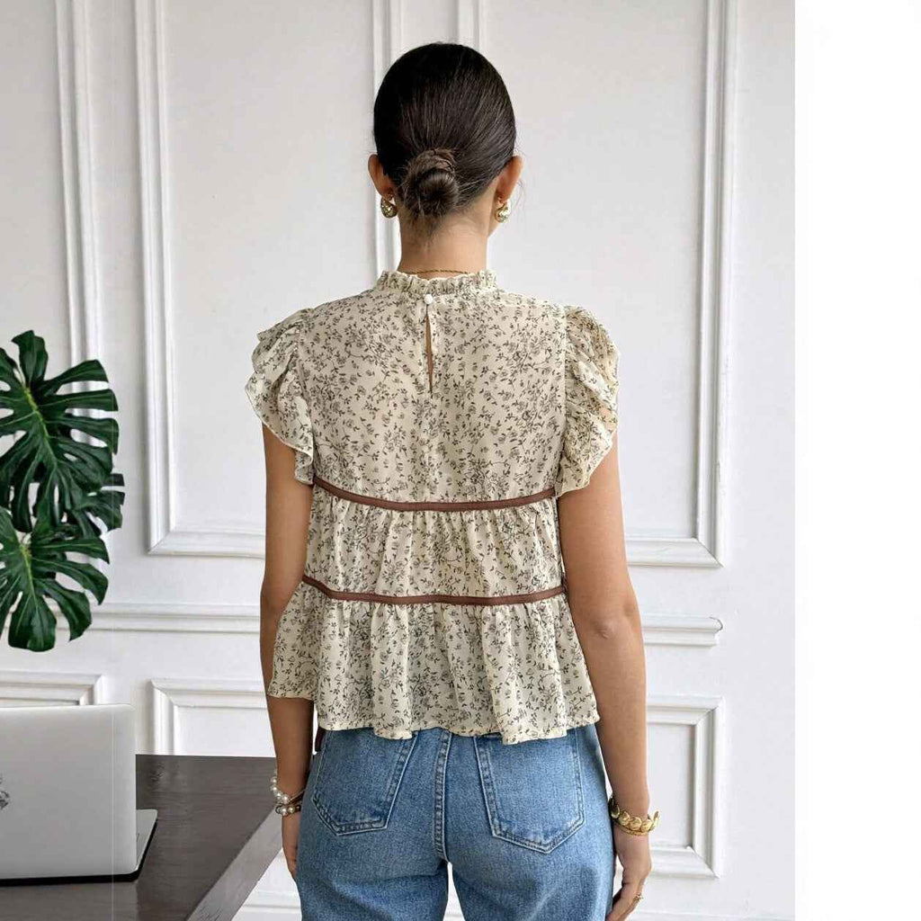Floral Print V-Neck Ruffle Sleeve Chiffon Blouse — Apricot