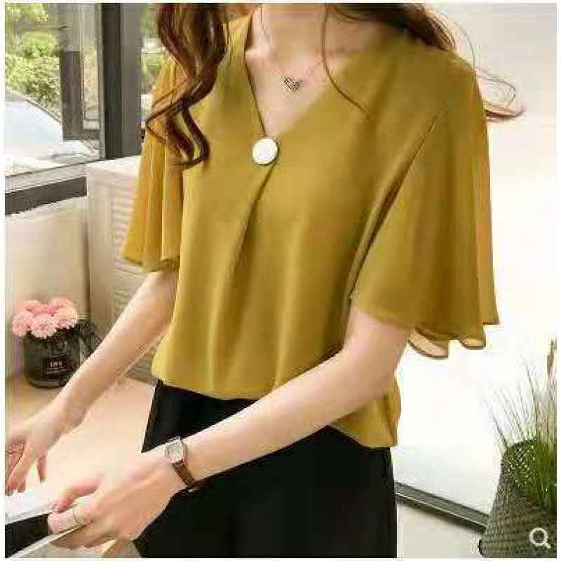 Belly-covering Chiffon Blouse For Women Summer Short Sleeves