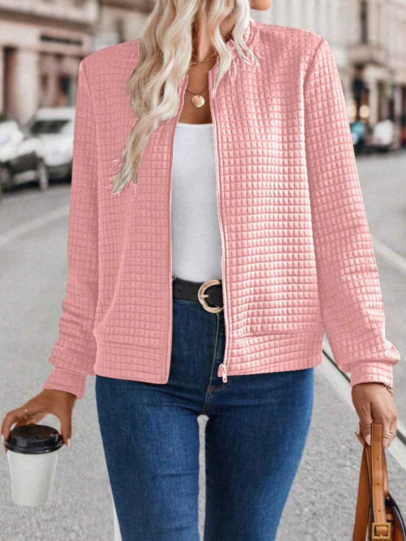 Women's Long Sleeve Zip-Up Solid Color Decorative Cardigan, Solid Casual Outerwear For Ladies