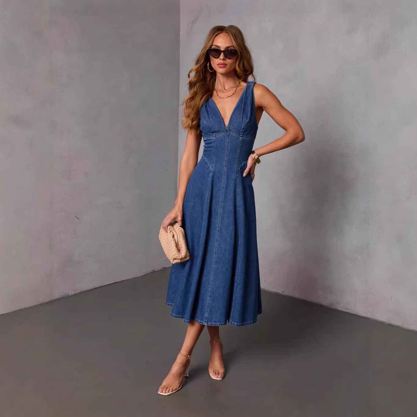 Distressed Denim Halter Mini Dress – Open Back Slim Fit