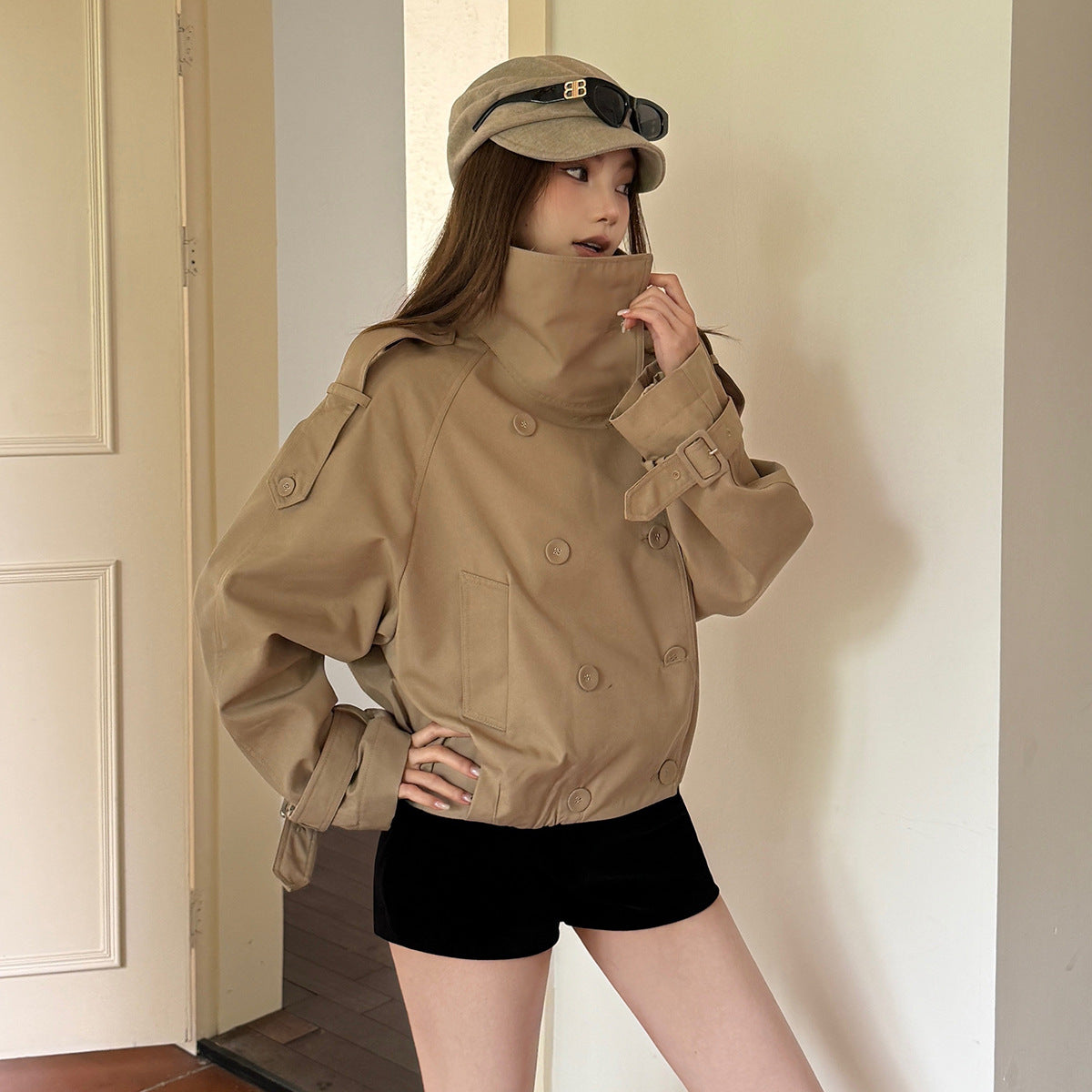 Double-Breasted Stand-Up Collar British-Style Trench Coat