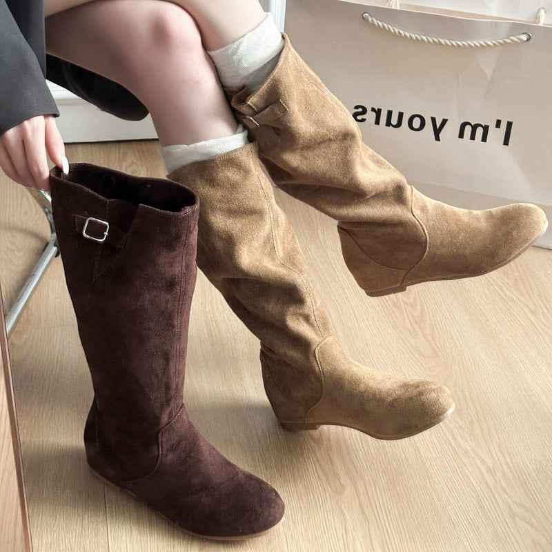 Pointed Toe Slip-On Boots — Chunky Low Heel, Buckle Detail, Korean Style