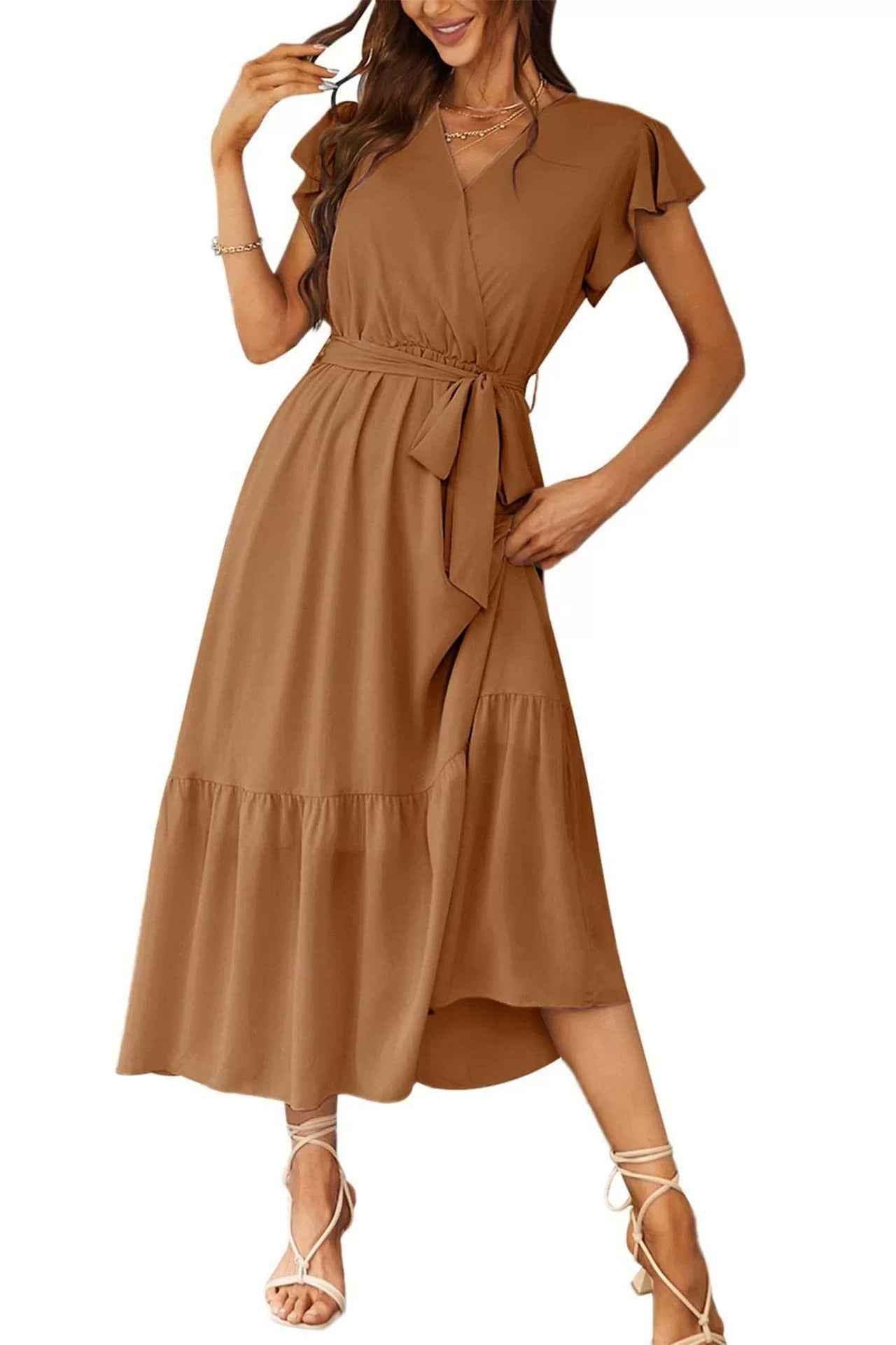 Womens Floral Print Flounce Short-Sleeve Midi Dress
