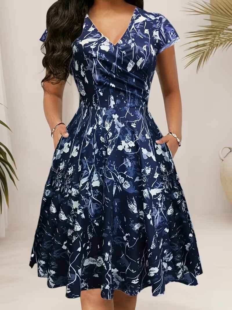 Floral Print V-Neck A-Line Midi Dress – Plus Size