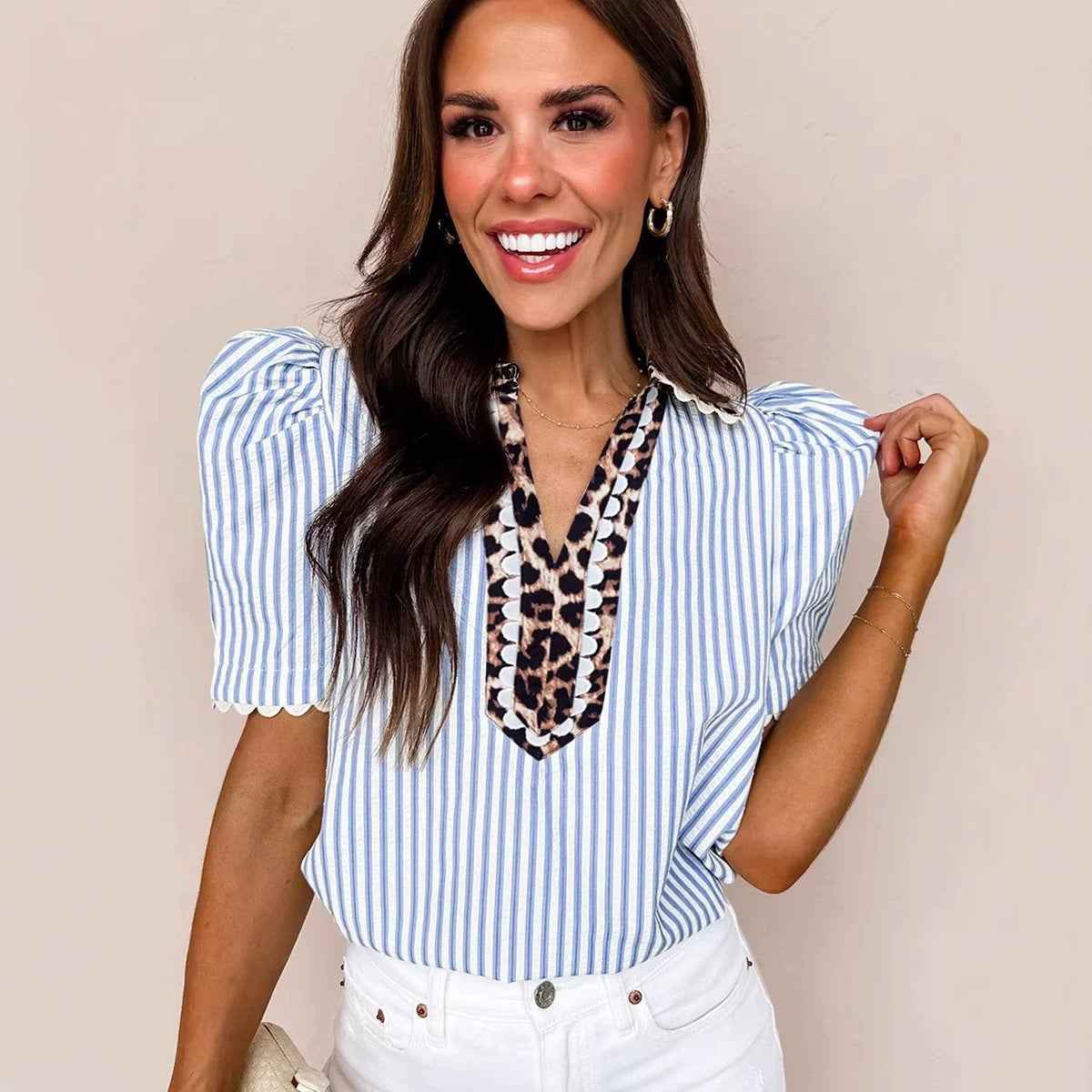 Women's Color-Block Printed Chiffon Puff Sleeve Blouse