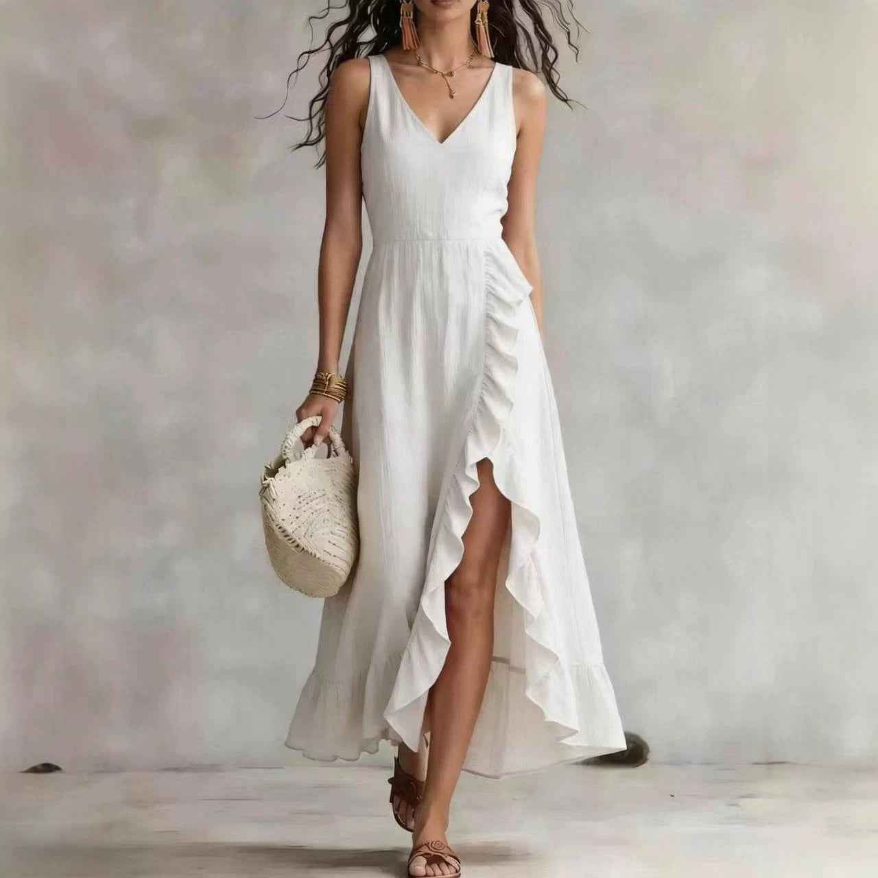 Women's V-Neck Sleeveless Flounced Hem Maxi Dress with Split — 4 Colours, S–2XL