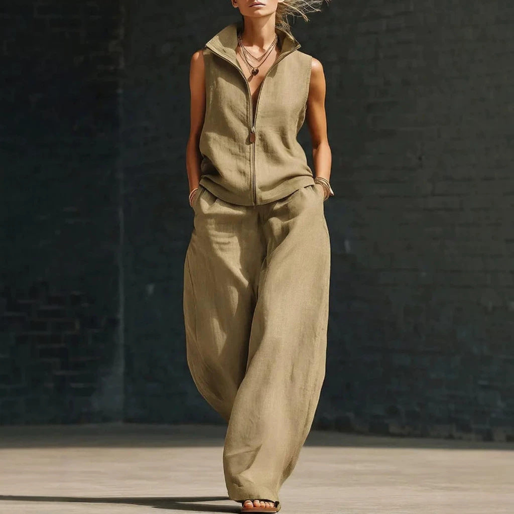 Sleeveless Stand-Collar Zip Linen Cardigan & Full-Length Pants Set