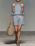 Casual Sleeveless Striped Lace T-shirt Top And Shorts