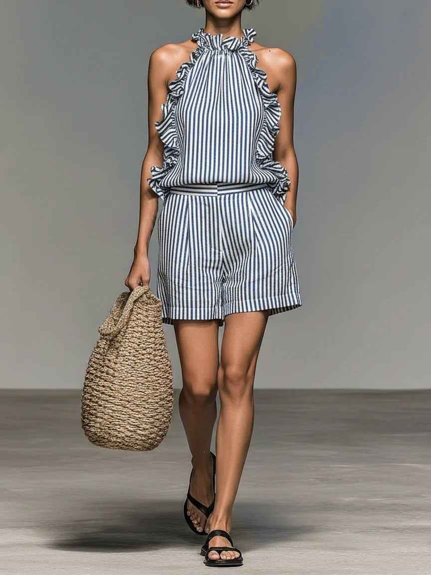 Casual Sleeveless Striped Lace T-shirt Top And Shorts