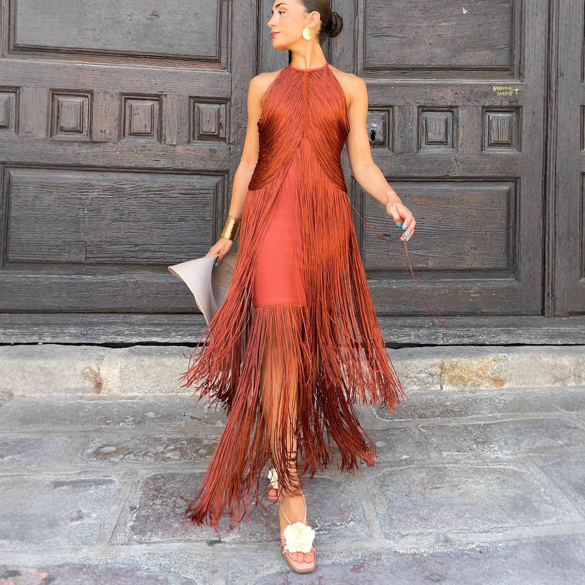 Elegant Halter-neck Tassel Maxi Dress Formal Gown