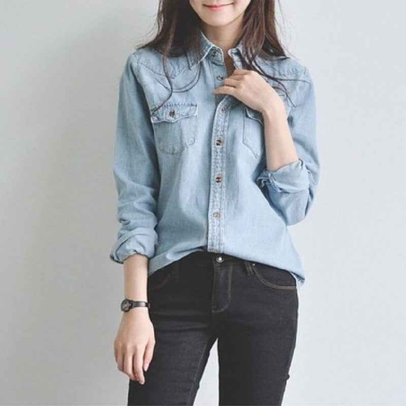 Womens Fashionable Loose-fitting Versatile Denim Shirt