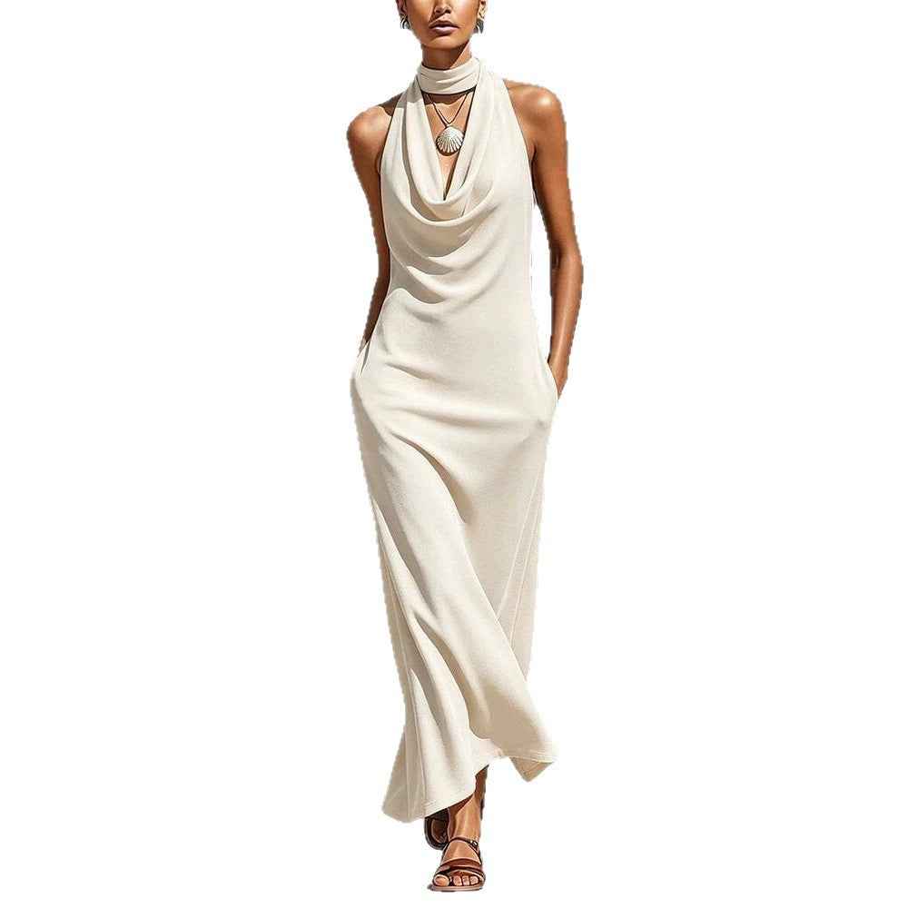 Sleeveless High-Waist Slim-Fit Halter Maxi Dress with Pockets
