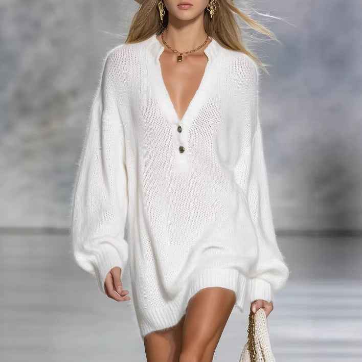 Women's V-Neck Knit Mini Dress with Bishop Sleeves