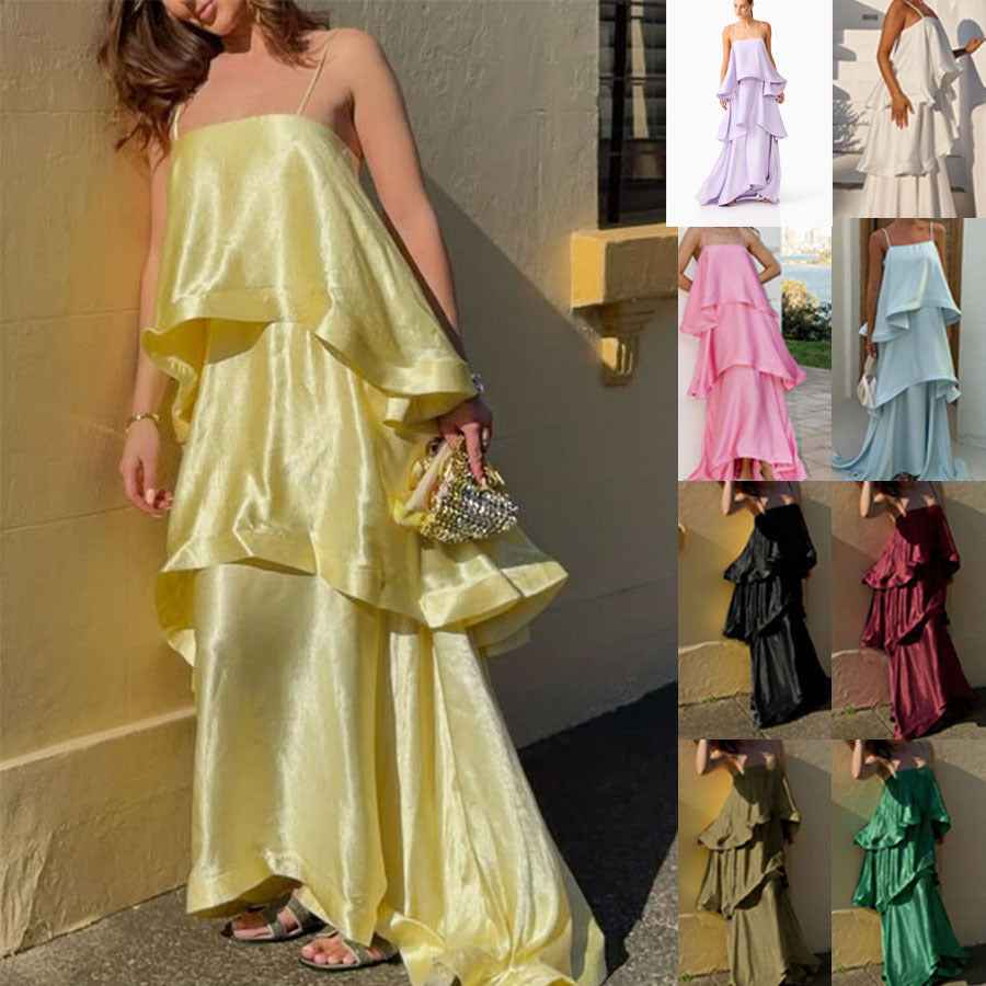 Satin Ruffle-Hem Slip Maxi Dress