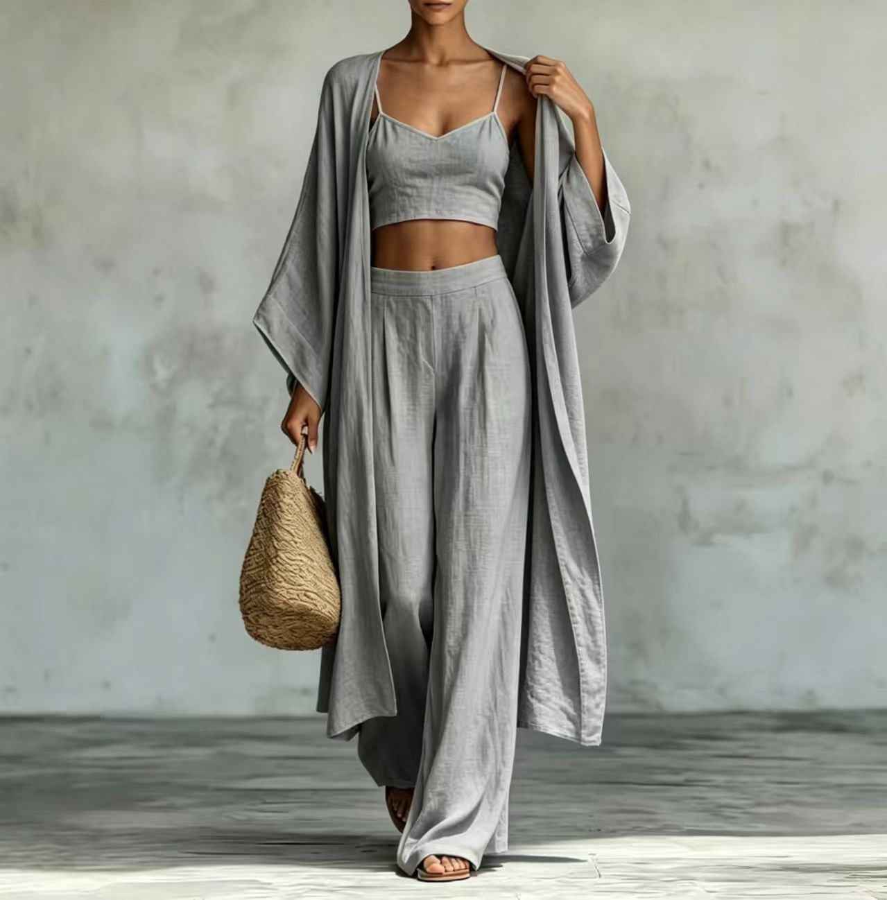 Cardigan Camisole High Waisted Wide Leg Pants Three Piece Set
