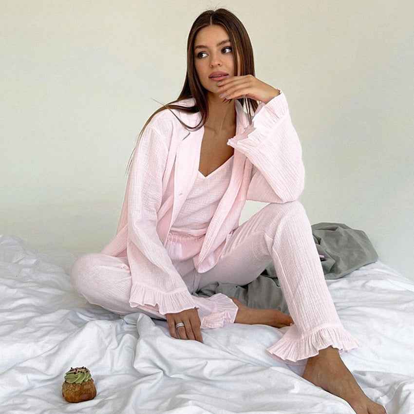New European And American-style Fashion 3-piece Set Long-sleeve Top Trousers And Suspender Straps