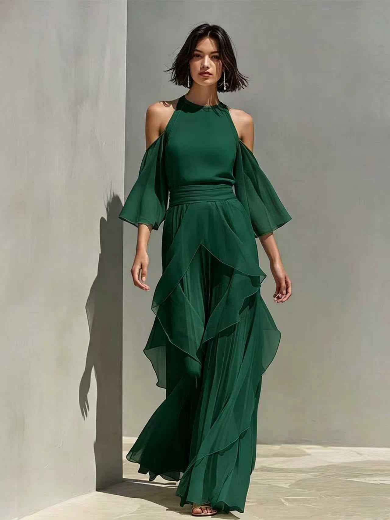 Womens Chiffon Blouse And Flare-sleeve Straight-leg Pants Set