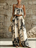 Black & Beige Abstract Floral Print 2-Piece Crop Top & Wide Leg Pants Set