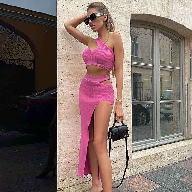 Women's Ribbed Sleeveless Top & Slit Midi Skirt Set