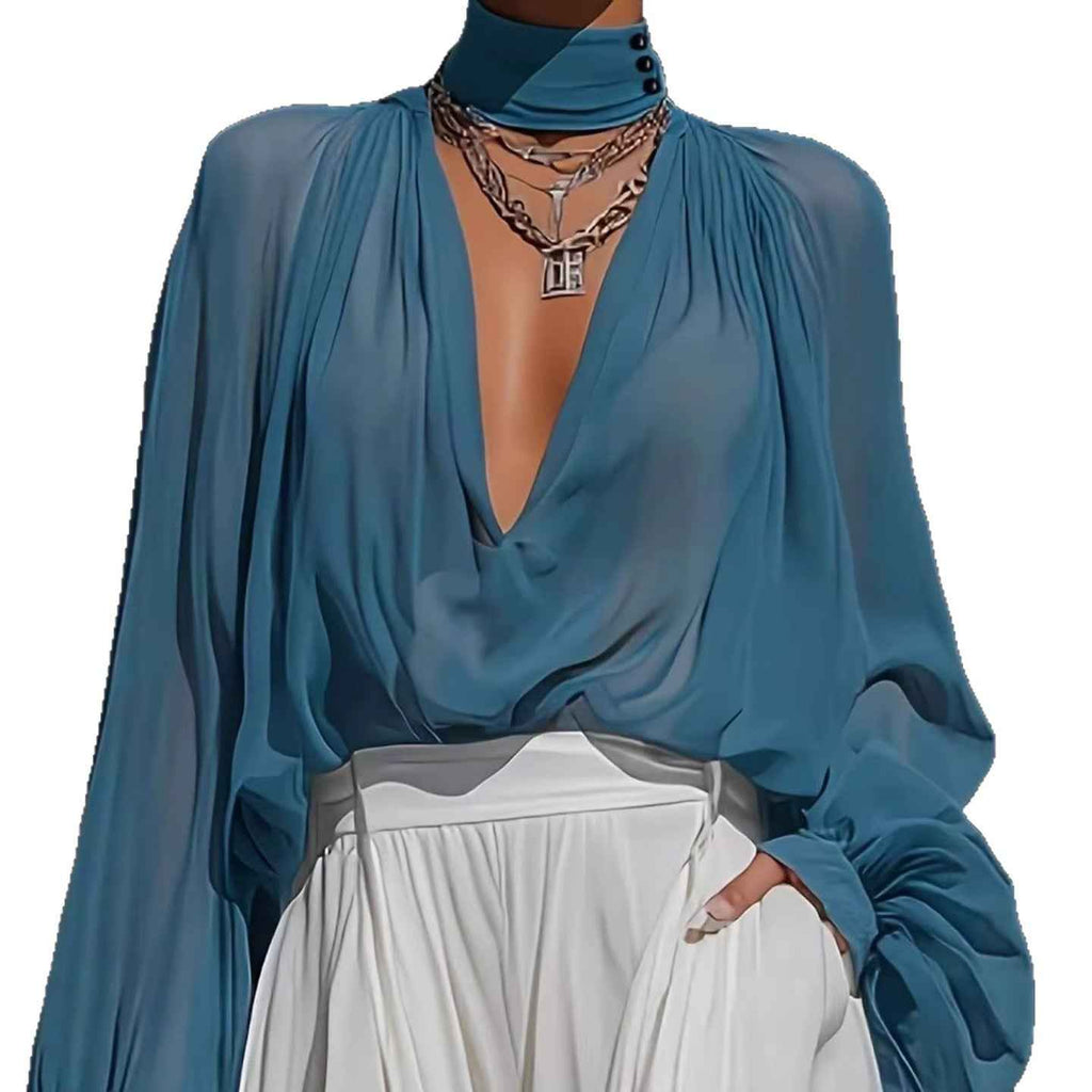 Pleated Long-Sleeve Pullover Top — Relaxed Fit, Elegant Workwear