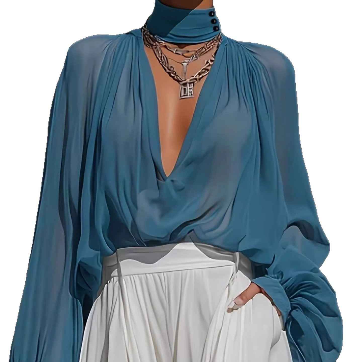 Pleated Long-Sleeve Pullover Top — Relaxed Fit, Elegant Workwear
