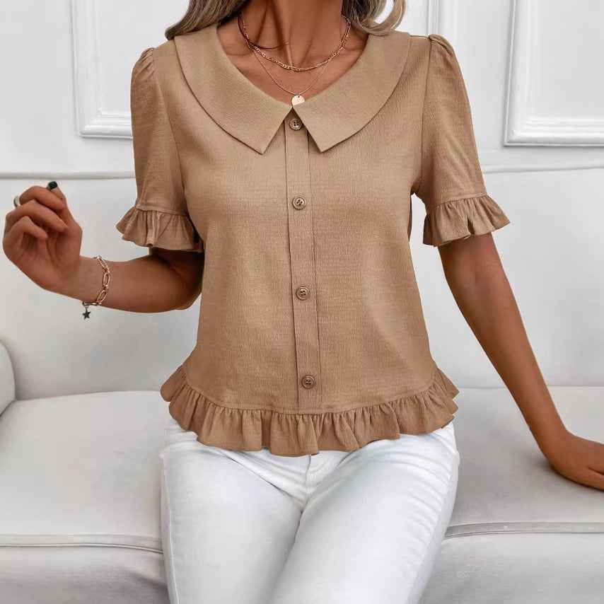 Petal-Sleeve Slant-Shoulder Top — 6 Colours