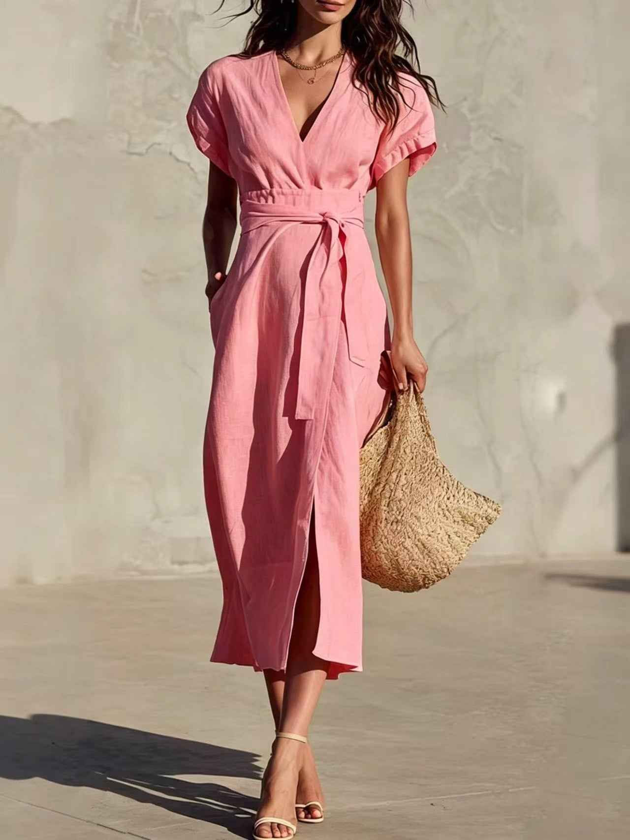 Casual Minimalist Solid-color V-neck Midi Dress With Pockets And Lacing