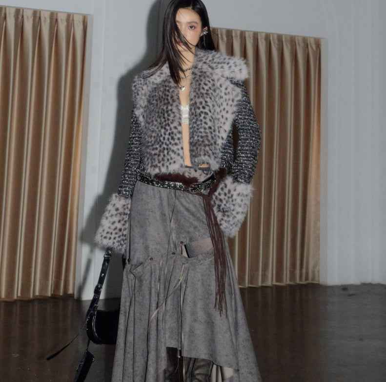 Leopard-Print Faux Fur Short Coat – Detachable Trim, Black