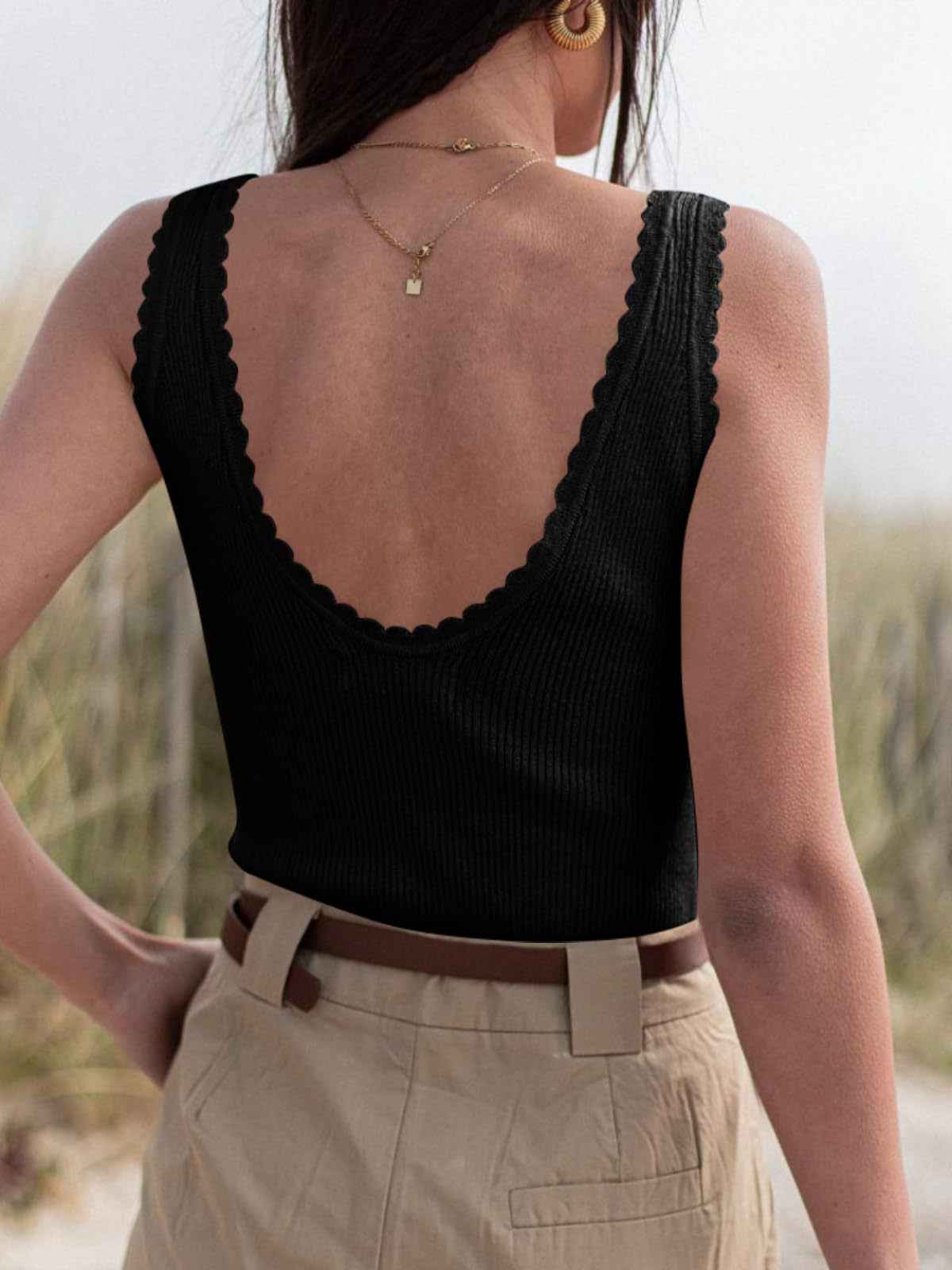 U-necked Backless Lace-trimmed Rib-knit Summer Sweater Vest